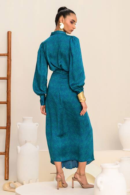 Shop Juhi Bengani Blue Silk Satin Printed Geometric Collar Shirt And Skirt Set at Aza Fashions Shop_Juhi Bengani_Blue Silk Satin Printed Geometric Collar Shirt And Skirt Set_at_Aza_Fashions