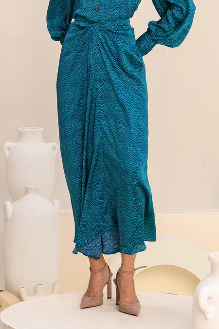 Buy Juhi Bengani Blue Silk Satin Printed Geometric Collar Shirt And Skirt Set Online at Aza Fashions Buy_Juhi Bengani_Blue Silk Satin Printed Geometric Collar Shirt And Skirt Set_Online_at_Aza_Fashions