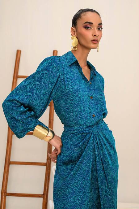 Shop Juhi Bengani Blue Silk Satin Printed Geometric Collar Shirt And Skirt Set Online at Aza Fashions Shop_Juhi Bengani_Blue Silk Satin Printed Geometric Collar Shirt And Skirt Set_Online_at_Aza_Fashions