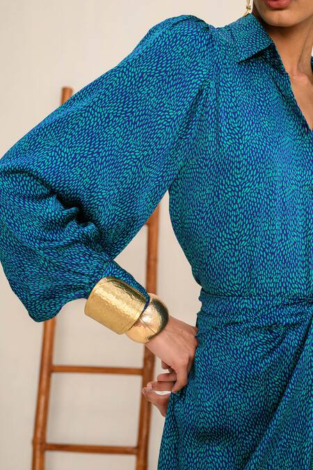 Juhi Bengani Blue Silk Satin Printed Geometric Collar Shirt And Skirt Set at Aza Fashions Juhi Bengani_Blue Silk Satin Printed Geometric Collar Shirt And Skirt Set_at_Aza_Fashions