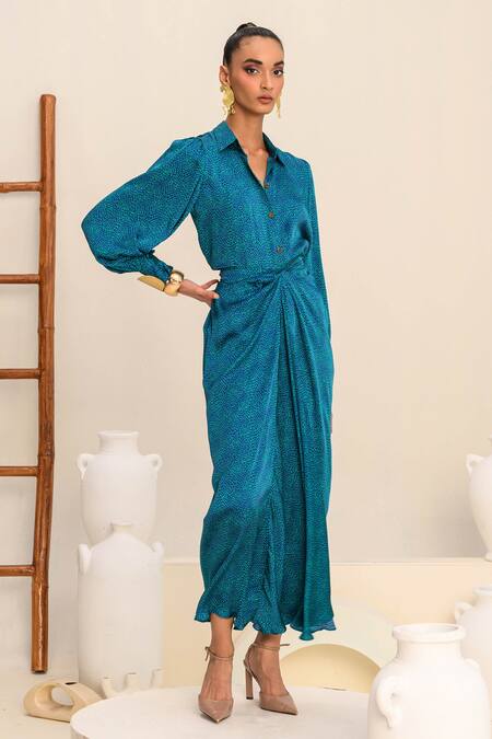 Buy Juhi Bengani Blue Silk Satin Printed Geometric Collar Shirt And Skirt Set Buy_Juhi Bengani_Blue Silk Satin Printed Geometric Collar Shirt And Skirt Set