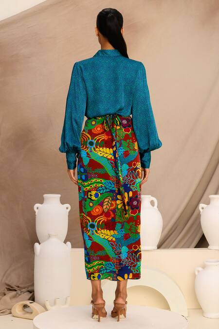 Shop_Juhi Bengani_Multi Color Silk Satin Printed Floral Draped Skirt _at_Aza_Fashions
