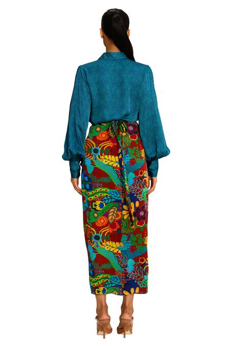 Juhi Bengani_Multi Color Silk Satin Printed Floral Draped Skirt _Online_at_Aza_Fashions