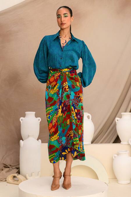 Buy_Juhi Bengani_Multi Color Silk Satin Printed Floral Draped Skirt _Online_at_Aza_Fashions