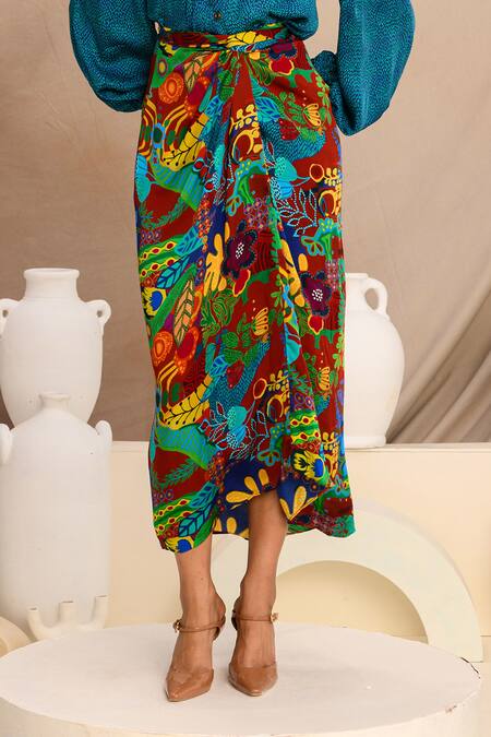 Shop_Juhi Bengani_Multi Color Silk Satin Printed Floral Draped Skirt _Online_at_Aza_Fashions