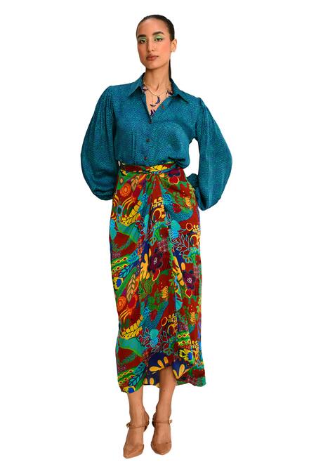 Juhi Bengani_Multi Color Silk Satin Printed Floral Draped Skirt _at_Aza_Fashions
