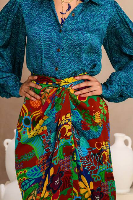 Buy_Juhi Bengani_Multi Color Silk Satin Printed Floral Draped Skirt 