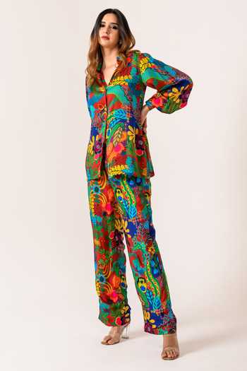 Juhi Bengani_Multi Color Silk Satin Collared Floral Print Shirt And Pant Set_Online_at_Aza_Fashions