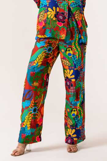 Buy_Juhi Bengani_Multi Color Silk Satin Collared Floral Print Shirt And Pant Set_Online_at_Aza_Fashions