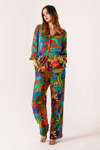 Shop_Juhi Bengani_Multi Color Silk Satin Collared Floral Print Shirt And Pant Set_Online_at_Aza_Fashions