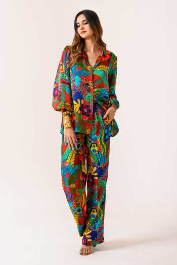 Juhi Bengani_Multi Color Silk Satin Collared Floral Print Shirt And Pant Set_at_Aza_Fashions