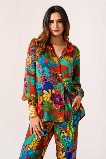 Buy_Juhi Bengani_Multi Color Silk Satin Collared Floral Print Shirt And Pant Set