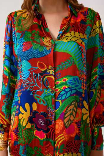 Shop_Juhi Bengani_Multi Color Silk Satin Collared Floral Print Shirt And Pant Set