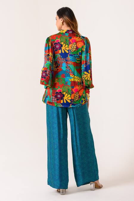 Shop Juhi Bengani Multi Color Silk Satin Printed Flower Collar Shirt And Pant Set at Aza Fashions Shop_Juhi Bengani_Multi Color Silk Satin Printed Flower Collar Shirt And Pant Set_at_Aza_Fashions