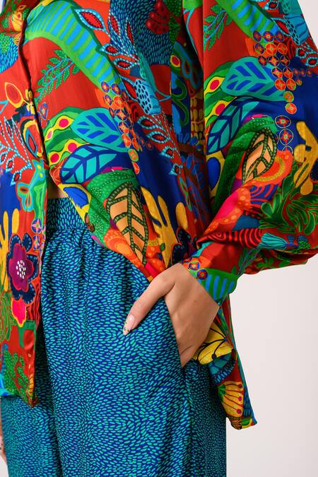 Juhi Bengani Multi Color Silk Satin Printed Flower Collar Shirt And Pant Set Online at Aza Fashions Juhi Bengani_Multi Color Silk Satin Printed Flower Collar Shirt And Pant Set_Online_at_Aza_Fashions