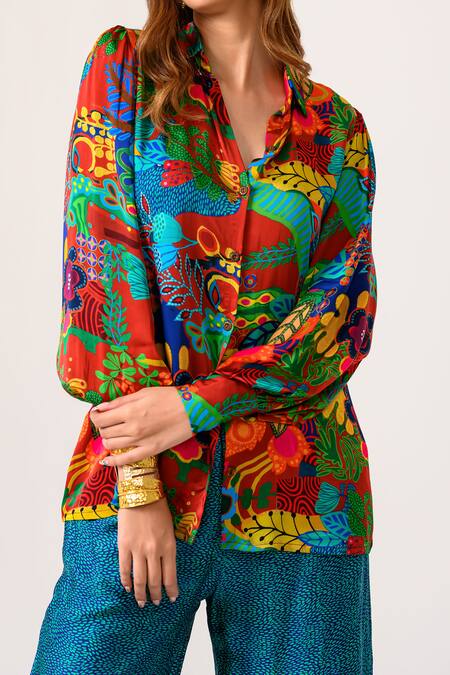 Buy Juhi Bengani Multi Color Silk Satin Printed Flower Collar Shirt And Pant Set Online at Aza Fashions Buy_Juhi Bengani_Multi Color Silk Satin Printed Flower Collar Shirt And Pant Set_Online_at_Aza_Fashions