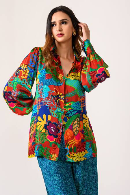 Shop Juhi Bengani Multi Color Silk Satin Printed Flower Collar Shirt And Pant Set Online at Aza Fashions Shop_Juhi Bengani_Multi Color Silk Satin Printed Flower Collar Shirt And Pant Set_Online_at_Aza_Fashions