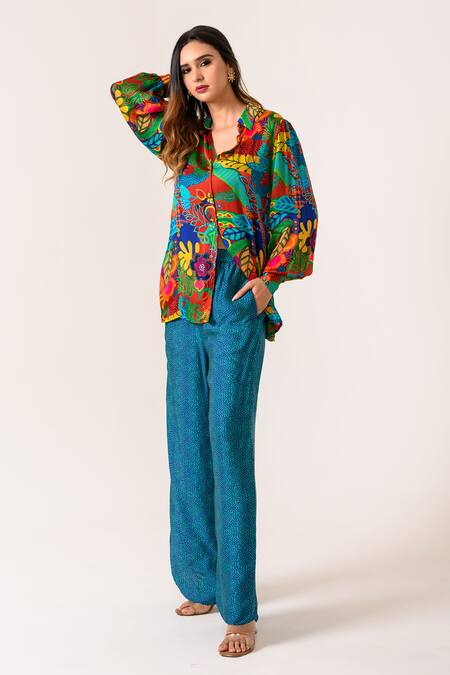 Juhi Bengani Multi Color Silk Satin Printed Flower Collar Shirt And Pant Set at Aza Fashions Juhi Bengani_Multi Color Silk Satin Printed Flower Collar Shirt And Pant Set_at_Aza_Fashions