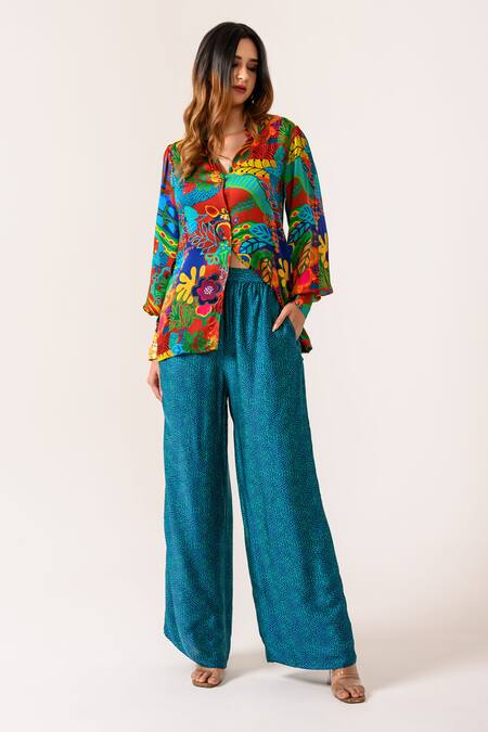 Buy Juhi Bengani Multi Color Silk Satin Printed Flower Collar Shirt And Pant Set Buy_Juhi Bengani_Multi Color Silk Satin Printed Flower Collar Shirt And Pant Set