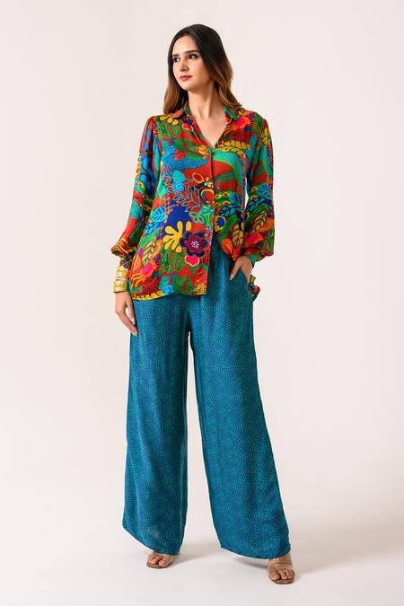 Shop Juhi Bengani Multi Color Silk Satin Printed Flower Collar Shirt And Pant Set Shop_Juhi Bengani_Multi Color Silk Satin Printed Flower Collar Shirt And Pant Set