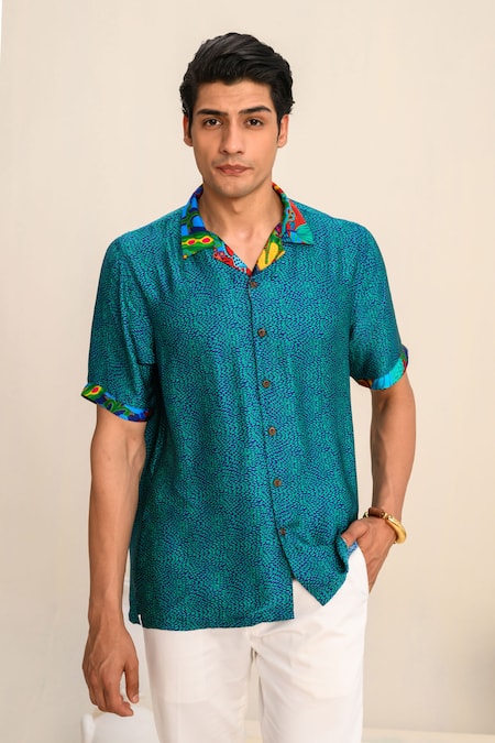 Juhi Bengani_Blue Silk Satin Printed Geometric Shirt_Online_at_Aza_Fashions