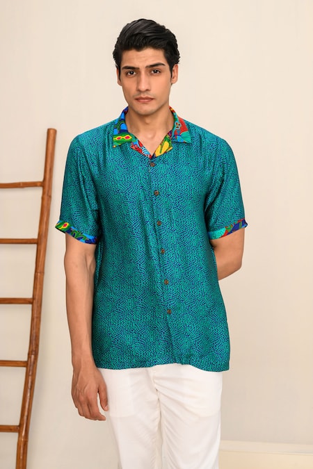 Buy_Juhi Bengani_Blue Silk Satin Printed Geometric Shirt_Online_at_Aza_Fashions