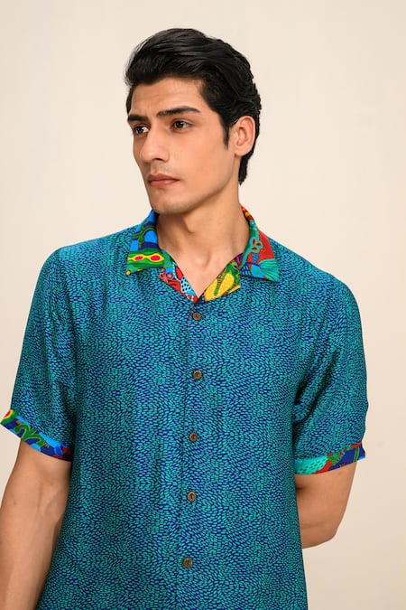 Juhi Bengani_Blue Silk Satin Printed Geometric Shirt_at_Aza_Fashions