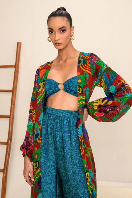 Juhi Bengani_Blue Silk Satin Sweetheart Neck Geometric Print Bralette_Online_at_Aza_Fashions