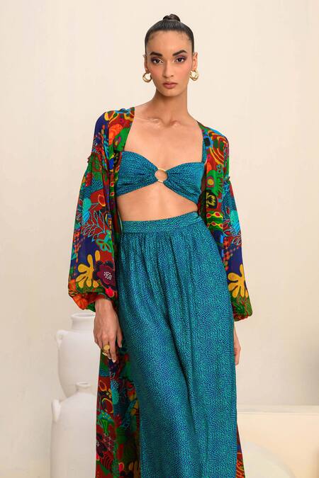 Buy_Juhi Bengani_Blue Silk Satin Sweetheart Neck Geometric Print Bralette_Online_at_Aza_Fashions
