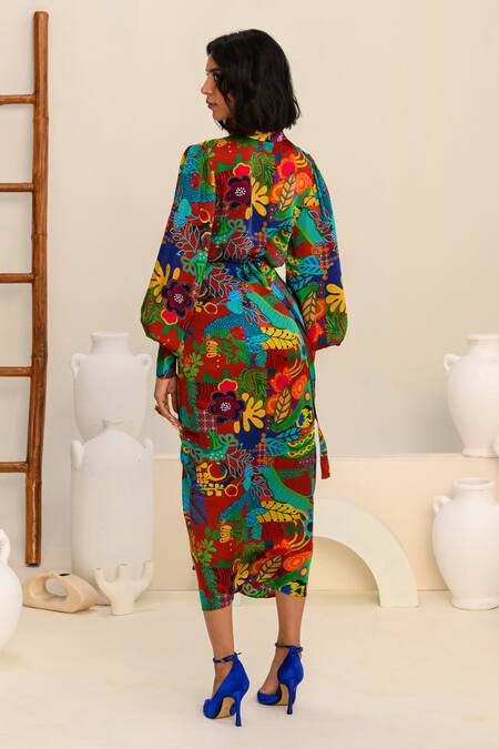 Shop_Juhi Bengani_Multi Color Silk Satin Printed Botanical Skirt _at_Aza_Fashions