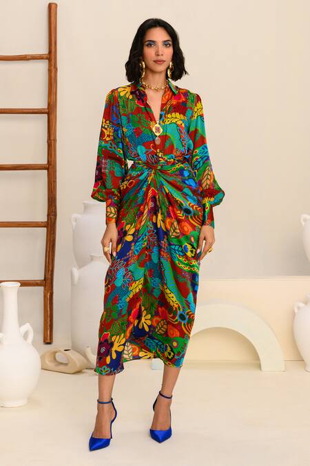 Juhi Bengani_Multi Color Silk Satin Printed Botanical Skirt _Online_at_Aza_Fashions