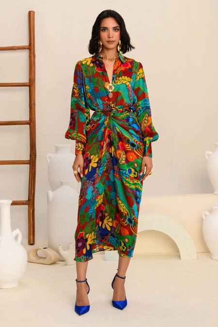 Buy_Juhi Bengani_Multi Color Silk Satin Printed Botanical Skirt _Online_at_Aza_Fashions