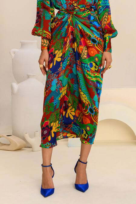 Shop_Juhi Bengani_Multi Color Silk Satin Printed Botanical Skirt _Online_at_Aza_Fashions