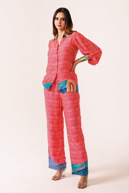 Juhi Bengani_Pink Silk Satin Printed Abstract Collared Shirt And Pant Co-ord Set_Online_at_Aza_Fashions