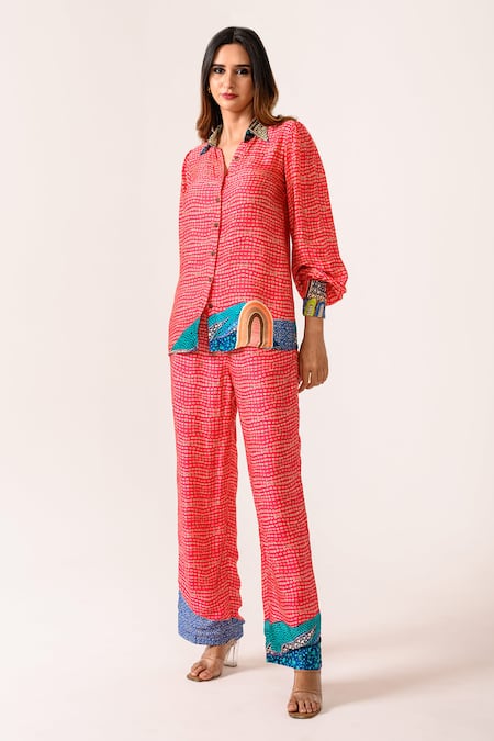 Buy_Juhi Bengani_Pink Silk Satin Printed Abstract Collared Shirt And Pant Co-ord Set_Online_at_Aza_Fashions