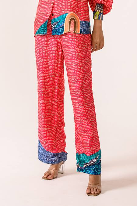 Shop_Juhi Bengani_Pink Silk Satin Printed Abstract Collared Shirt And Pant Co-ord Set_Online_at_Aza_Fashions