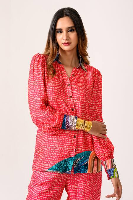 Juhi Bengani_Pink Silk Satin Printed Abstract Collared Shirt And Pant Co-ord Set_at_Aza_Fashions