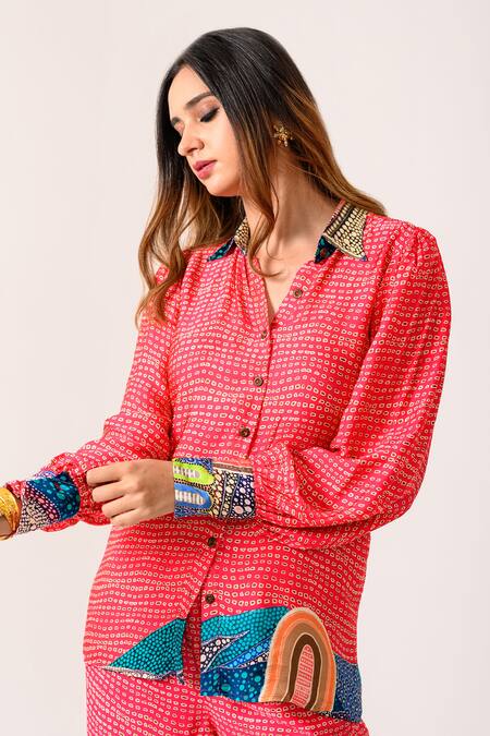 Buy_Juhi Bengani_Pink Silk Satin Printed Abstract Collared Shirt And Pant Co-ord Set