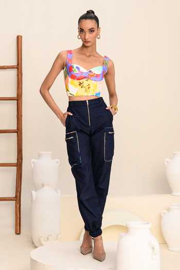 Juhi Bengani_Blue Denim Vanilla Bloom Solid Cargo_Online_at_Aza_Fashions