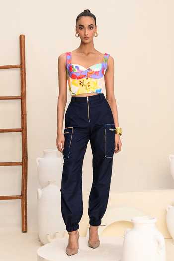 Buy_Juhi Bengani_Blue Denim Vanilla Bloom Solid Cargo_Online_at_Aza_Fashions