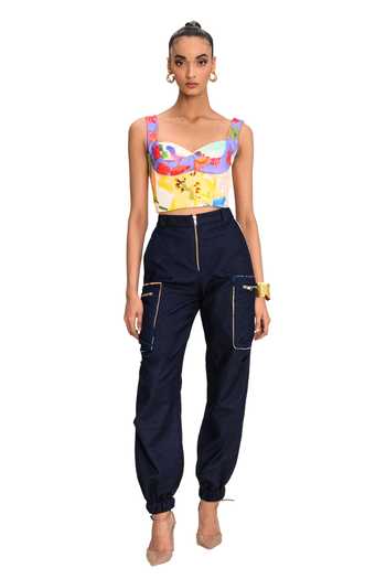 Shop_Juhi Bengani_Blue Denim Vanilla Bloom Solid Cargo_Online_at_Aza_Fashions