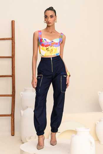Juhi Bengani_Blue Denim Vanilla Bloom Solid Cargo_at_Aza_Fashions