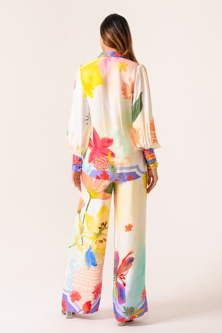 Shop Juhi Bengani Multi Color Collared Floral Printed Shirt And Pant Set at Aza Fashions Shop_Juhi Bengani_Multi Color Collared Floral Printed Shirt And Pant Set_at_Aza_Fashions