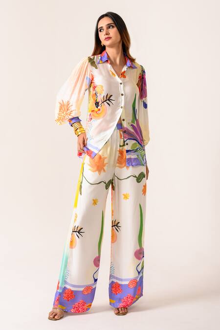 Shop Juhi Bengani Multi Color Collared Floral Printed Shirt And Pant Set Online at Aza Fashions Shop_Juhi Bengani_Multi Color Collared Floral Printed Shirt And Pant Set_Online_at_Aza_Fashions
