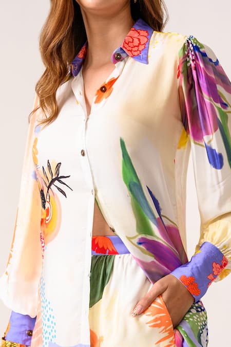 Shop Juhi Bengani Multi Color Collared Floral Printed Shirt And Pant Set Shop_Juhi Bengani_Multi Color Collared Floral Printed Shirt And Pant Set
