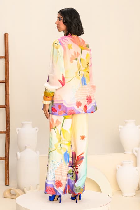 Shop Juhi Bengani Multi Color Silk Satin Printed Floral Vanila Bloom Pant at Aza Fashions Shop_Juhi Bengani_Multi Color Silk Satin Printed Floral Vanila Bloom Pant_at_Aza_Fashions