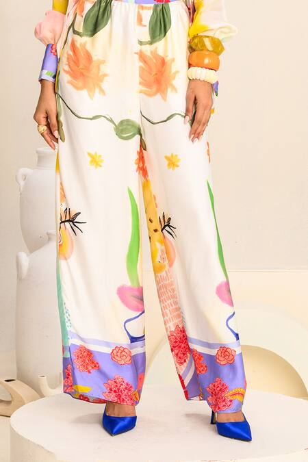 Juhi Bengani Multi Color Silk Satin Printed Floral Vanila Bloom Pant Online at Aza Fashions Juhi Bengani_Multi Color Silk Satin Printed Floral Vanila Bloom Pant_Online_at_Aza_Fashions