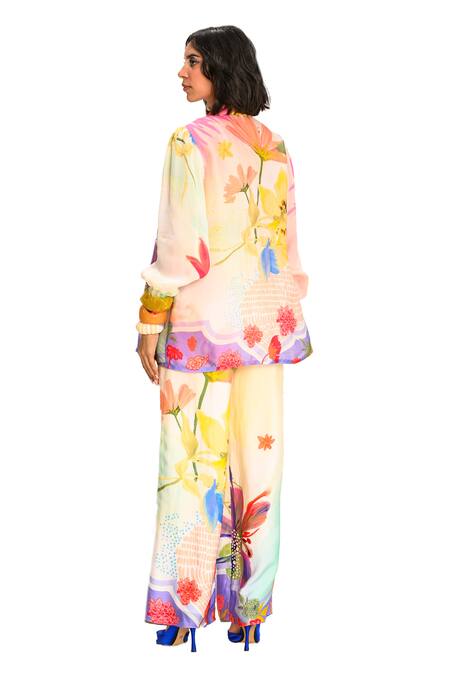 Shop Juhi Bengani Multi Color Silk Satin Printed Floral Vanila Bloom Pant Online at Aza Fashions Shop_Juhi Bengani_Multi Color Silk Satin Printed Floral Vanila Bloom Pant_Online_at_Aza_Fashions