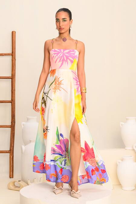 Juhi Bengani_Multi Color Silk Satin Square Neck Vanila Bloom Printed Maxi Dress _Online_at_Aza_Fashions