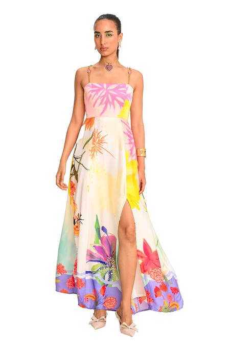 Buy_Juhi Bengani_Multi Color Silk Satin Square Neck Vanila Bloom Printed Maxi Dress _Online_at_Aza_Fashions